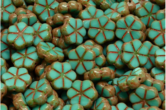 Table Cut Garland Flower Beads, Turquoise Travertin Beige Orange Spotted (63130-86800-33307), Glass, Czech Republic