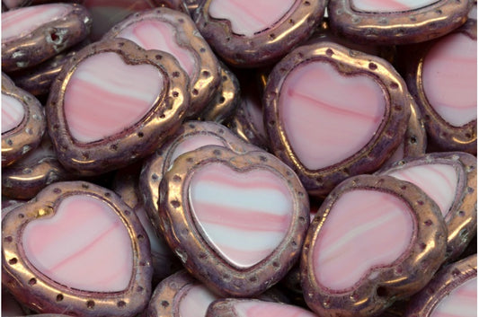 Table Cut Heart In Heart Beads, Pink Bronze (07724-14415), Glass, Czech Republic