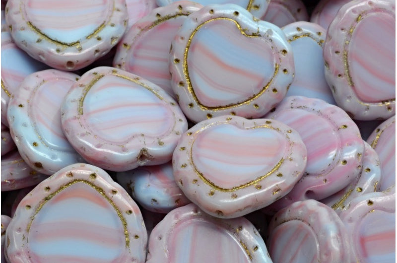 OUTLET 10 grams Table Cut Heart In Heart Beads, 18 x 18 mm, White Pink Gold Lined (67713-54302), Glass, Czech Republic