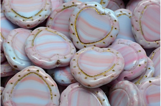 OUTLET 10 grams Table Cut Heart In Heart Beads, 18 x 18 mm, White Pink Gold Lined (67713-54302), Glass, Czech Republic