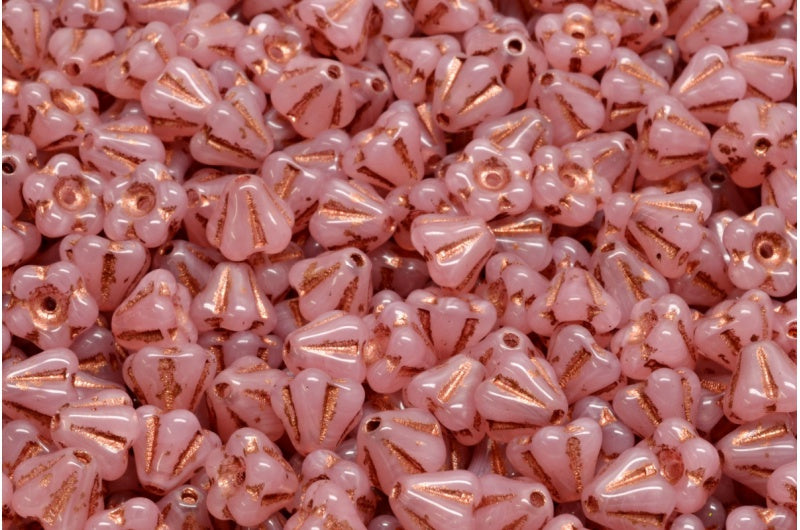Bell Flower Beads, Opal Pink Copper Lined (71400-54319), Glass, Czech Republic