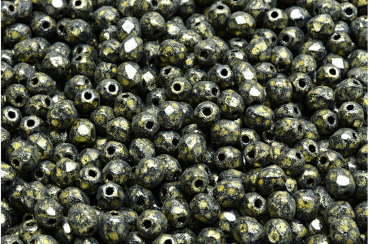 多面圆形火抛光珠，黑色浅黄色（23980-34302），玻璃，捷克共和国