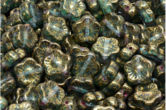 Sunset Flower Beads, Transparent Green Emerald Terracotta Violet (50700-15496), Glass, Czech Republic