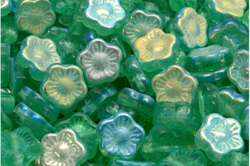 Sunset Flower Beads, Transparent Green Emerald Ab (50700-28701), Glass, Czech Republic