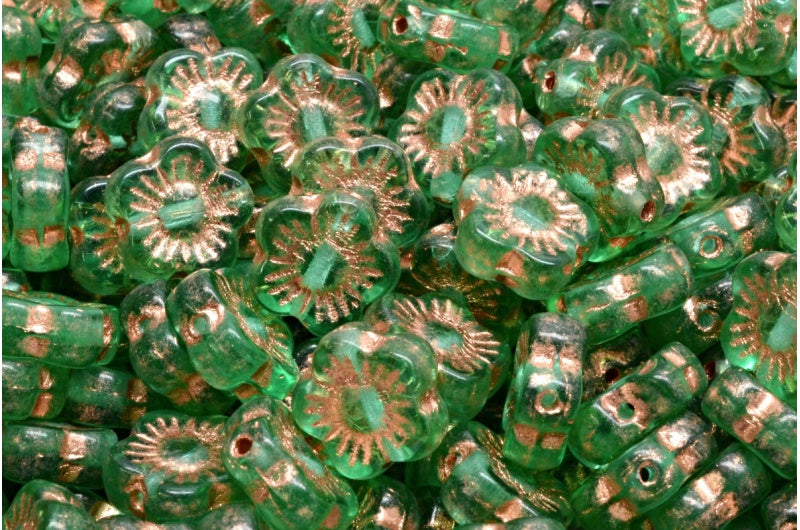 Sunset Flower Beads, Transparent Green Emerald Copper Lined (50700-54318), Glass, Czech Republic
