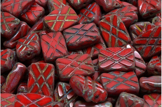Table Cut Designed Rectangle Beads, Opaque Red Travertin (93200-86800), Glass, Czech Republic