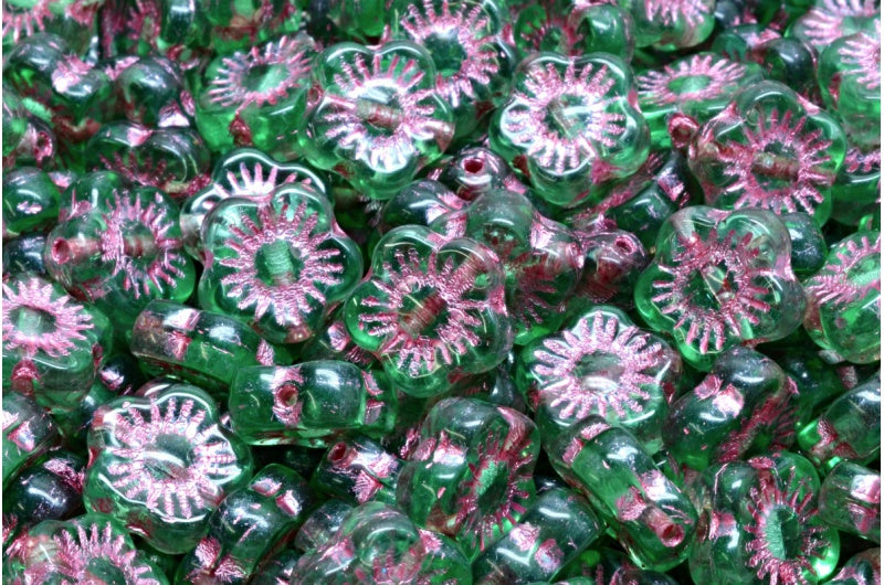 Sunset Flower Beads, Transparent Green Emerald Pink Lined (50700-54321), Glass, Czech Republic