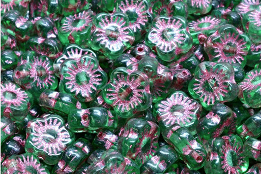 Sunset Flower Beads, Transparent Green Emerald Pink Lined (50700-54321), Glass, Czech Republic