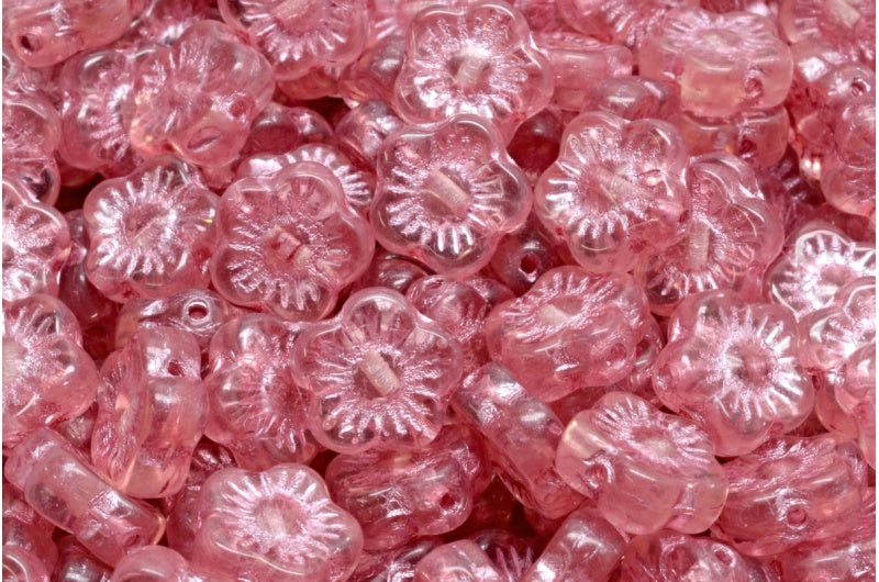 Sunset Flower Beads, Transparent Pink Pink Lined (70120-54321), Glass, Czech Republic