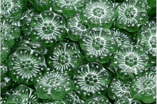 奥特莱斯 10克波西米亚风花朵珠，14 x 14毫米，透明绿色镀银内衬 (50520-54301)，玻璃，日本