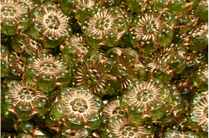 奥特莱斯 10克波西米亚风花朵珠，14 x 14毫米，透明绿铜内衬 (50520-54307)，玻璃，捷克共和国