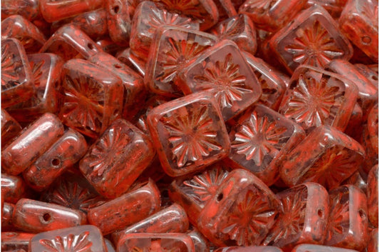 Table Cut Square Kiwi Beads, Crystal Travertin Beige Orange Spotted (00030-86800-33307), Glass, Czech Republic