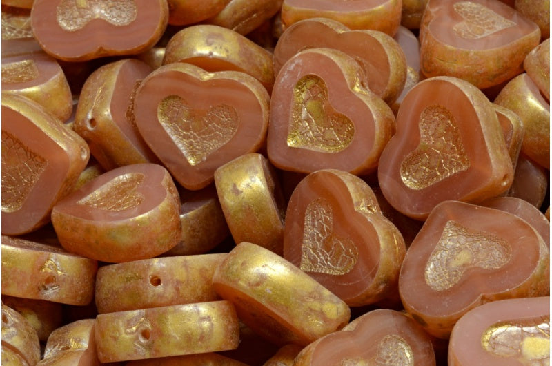 テーブルカットハートビーズ、オパールピンクゴールドスプラッシュ（71111-86720）、ガラス、チェコ共和国