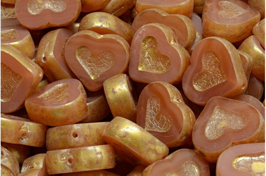 奥特莱斯 10克 台面切割心形珠，14 x 12毫米，蛋白石粉红金溅射 (71111-86720)，玻璃，捷克共和国