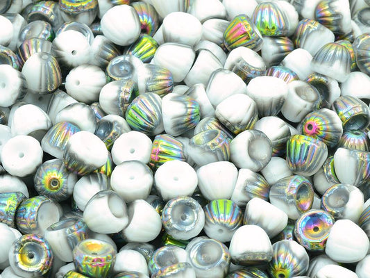 Flower Cupola Beads, Chalk White Crystal Vitrail Medium Coating (03000-28101), Glass, Czech Republic