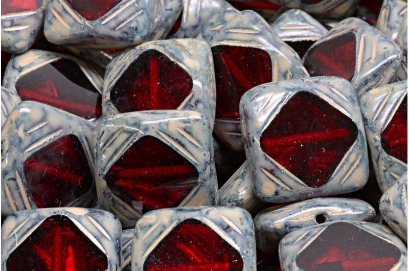 OUTLET 10 grams Table Cut Window Designed Beads, Ruby Red Travertin Beige Travertin Spotted (90080-86800-33301), Glass, Czech Republic