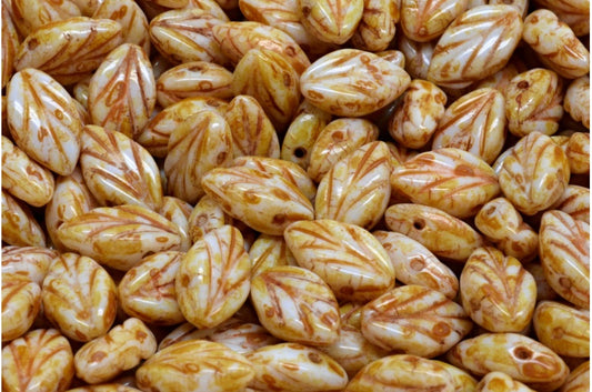 ブナの葉のビーズ、ホワイトトラバーチン（02010-86800）、ガラス、チェコ共和国