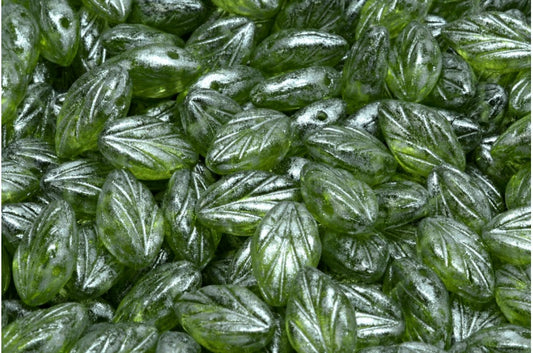 ブナの葉のビーズ、透明グリーンシルバーグレー（50220-34301）、ガラス、チェコ共和国