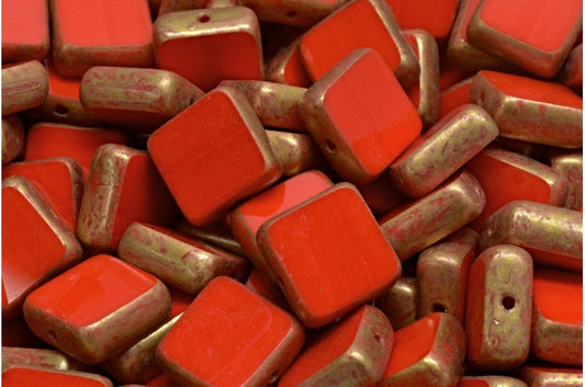 Table Cut Square Beads, Red Gold Splash (93180-86720), Glass, Czech Republic