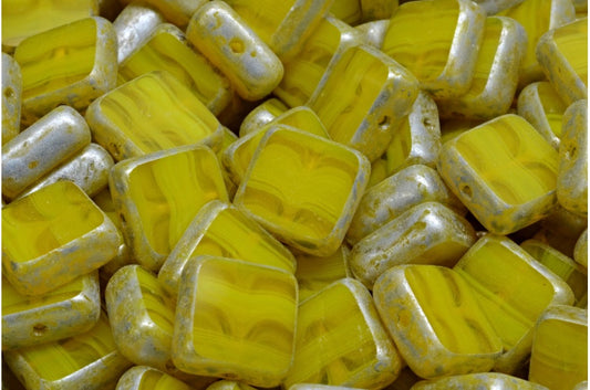 Table Cut Square Beads, Opal Yellow Silver Splash (81210-86700), Glass, Czech Republic