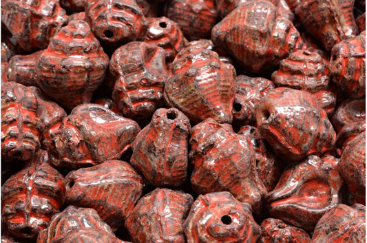 Murex Shell Beads, Black Travertin Beige Orange Spotted (23980-86800-33307), Glass, Czech Republic