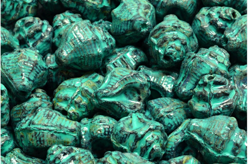 Murex Shell Beads, Black Travertin Turqouise Spotted (23980-86800-33310), Glass, Czech Republic