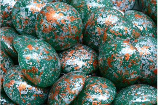 カボションビーズ、エメラルドシルバーオレンジスプラッシュ（53430-45703）、ガラス、チェコ共和国