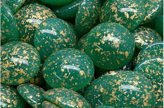 カボションビーズ、エメラルドゴールドスプラッシュ（53430-94401）、ガラス、チェコ共和国