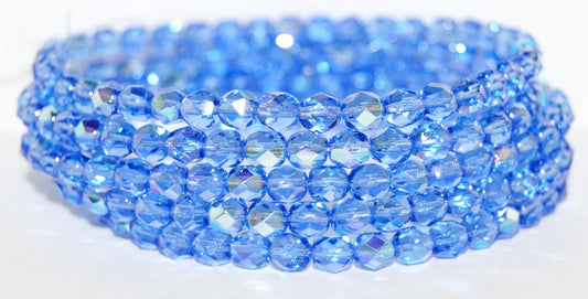 Fire Polished Round Faceted Beads, Transparent Blue Ab (30040-AB), Glass, Czech Republic ~ STRANDED