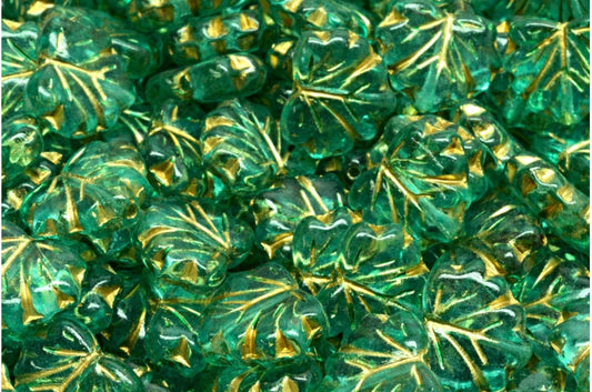 メープルリーフビーズ、クリスタルゴールドラインライトターコイズ（00030-54302-34309）、ガラス、チェコ共和国