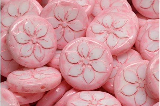 OUTLET 10 grams Table Cut Coin Flower Beads, 18 x 18 mm, Chalk White Warm Purple Spotted (03000-33304), Glass, Czech Republic