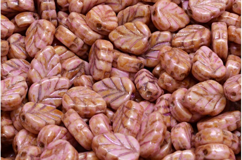 Mint Leaf Beads, White Pink Beige Luster Spotted (02010-65323), Glass, Czech Republic