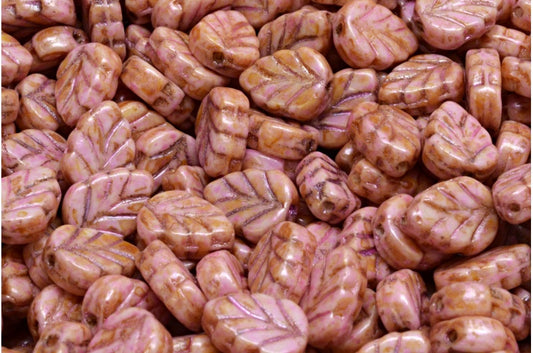 Mint Leaf Beads, White Pink Beige Luster Spotted (02010-65323), Glass, Czech Republic