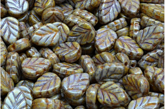 Mint Leaf Beads, White Purple Brown Luster Spotted (02010-65329), Glass, Czech Republic