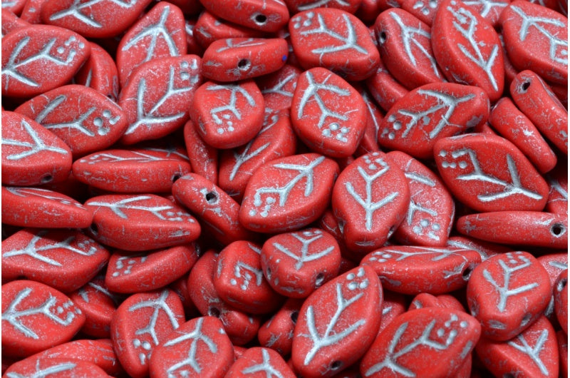 チェリーリーフビーズ、不透明レッドマットシルバーライン（93220-84100-54301）、ガラス、チェコ共和国