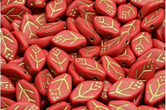 Cherry Leaf Beads, Opaque Red Matte Gold Lined (93220-84100-54302), Glass, Czech Republic