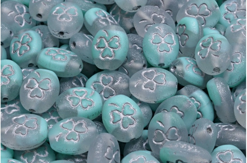 OUTLET 10 grams Shamrock Oval Beads, 10 x 8 mm, Teal Matte Silver Lined (56218-84100-54301), Glass, Czech Republic