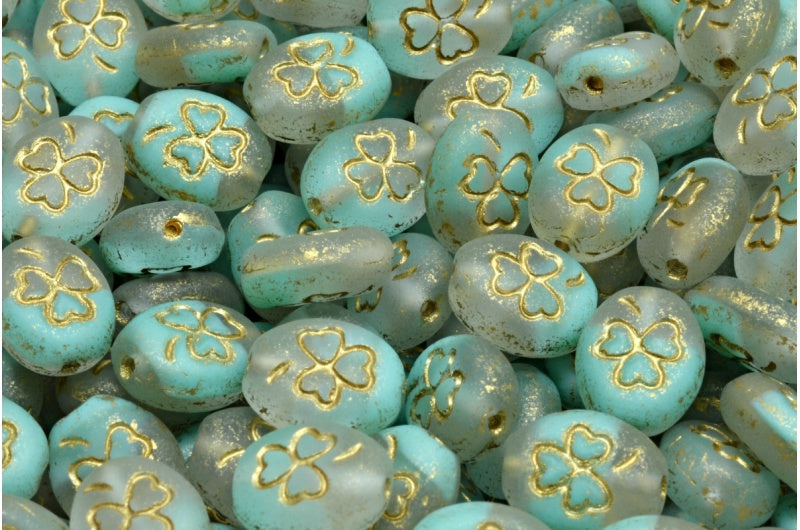 奥特莱斯 10 克三叶草椭圆形珠子，10 x 8 毫米，蓝绿色哑光金线 (56218-84100-54302)，玻璃，捷克共和国