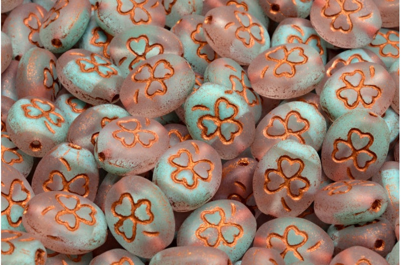 OUTLET 10 grams Shamrock Oval Beads, 10 x 8 mm, Teal Matte Copper Lined (56218-84100-54319), Glass, Czech Republic