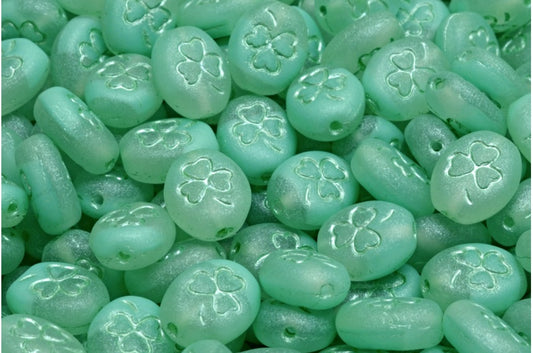 OUTLET 10 grams Shamrock Oval Beads, 10 x 8 mm, Teal Matte Green Lined (56218-84100-54322), Glass, Czech Republic