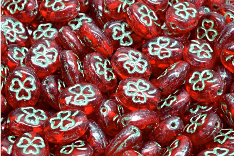 シャムロックオーバルビーズ、ライトサイアムグリーンライン（90070-54322）、ガラス、チェコ共和国