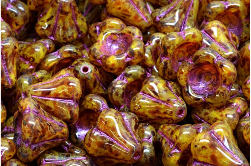 OUTLET 10 grams Bell Flower Beads, 11 x 13 mm, Yellow Opal Mix Travertin Pink Lined (R0813-86800-43807), Glass, Czech Republic