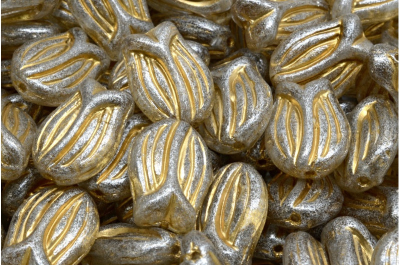 ミニチューリップビーズ、クリスタルゴールドライン、シルバーグレー（00030-54302-34301）、ガラス、チェコ共和国