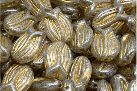 OUTLET 10 grams Mini Tulip Beads, 16 x 11 mm, Crystal Gold Lined Silver Gray (00030-54302-34301), Glass, Czech Republic