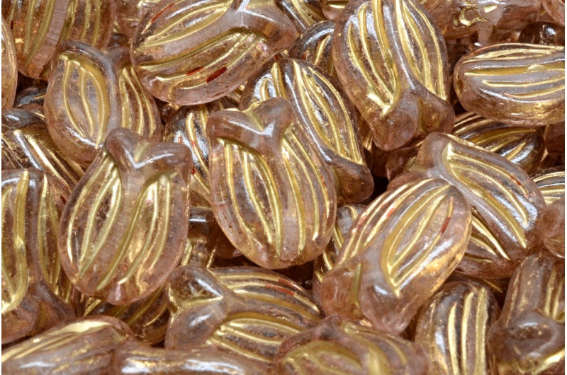 ミニチューリップビーズ、クリスタルゴールドライン入りライトピンク（00030-54302-34304）、ガラス、チェコ共和国