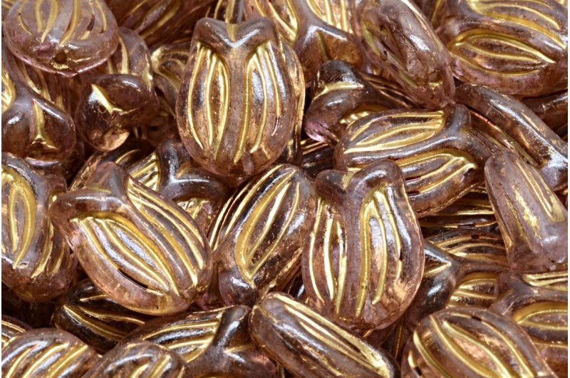 奥特莱斯 10克迷你郁金香珠，16 x 11毫米，水晶金线浅紫红色（00030-54302-34306），玻璃，捷克共和国