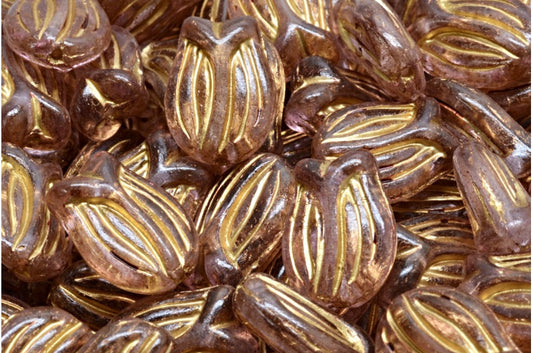 奥特莱斯 10克迷你郁金香珠，16 x 11毫米，水晶金线浅紫红色（00030-54302-34306），玻璃，捷克共和国