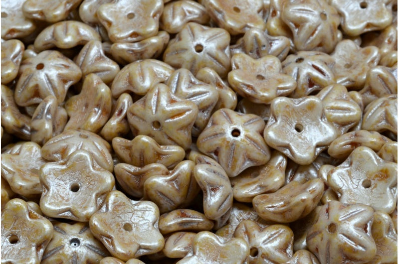 OUTLET 10 grams Flower Cup Beads, 10 x 10 mm, White Cream Luster Spotted (02010-65321), Glass, Czech Republic