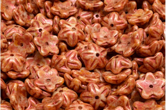 Flower Cup Beads, White Copper Luster Spotted (02010-65324), Glass, Czech Republic