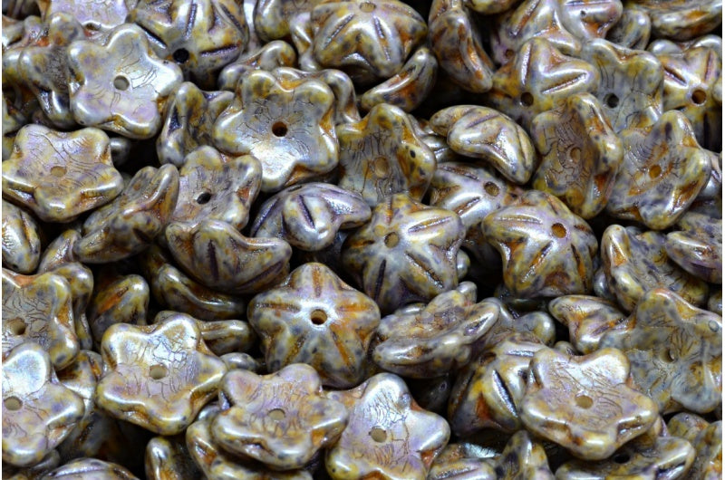 OUTLET 10克花形杯珠，10 x 10毫米，白色紫色棕色光泽斑点（02010-65329），玻璃，日本